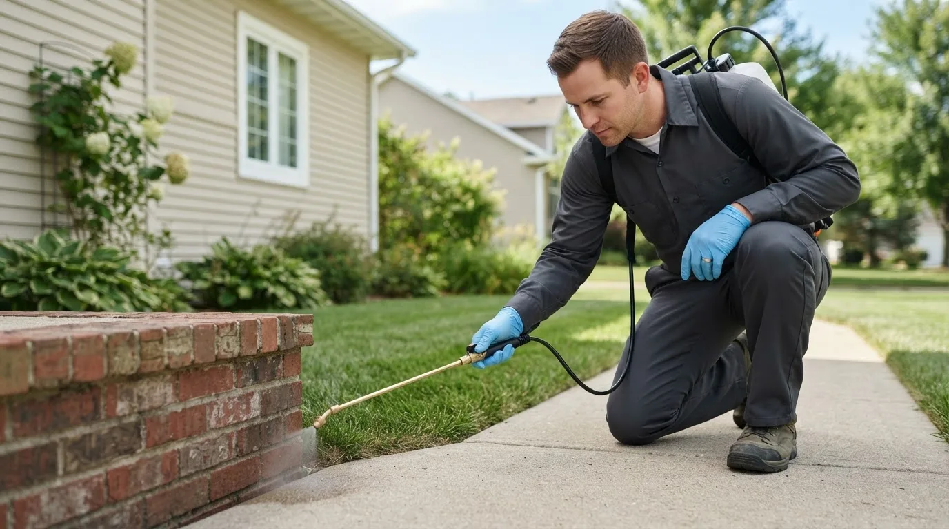 Pest control technician treating a home near Odessa, MO